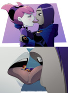 breasts drawing giantess upskirt alien comic color tongue teeth saliva purple_hair lips pink_hair raven teen_titans red_hair starfire kissing lesbians fanart shrunken_woman giantesses cape hood on_tongue no_background dc_comics orange_skin grey_skin ravenravenraven jinx_(teen_titans)