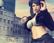 giantess destruction handheld buildings between_fingers leaning_on_building looking_at_tiny digital_render bare_midriff innocent-owl