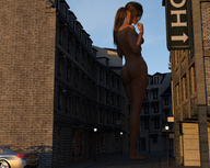 breasts gentle giantess nude city blonde long_hair butt barefoot buildings street ponytail standing vehicles runswithferrets digital_render