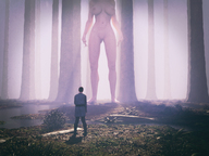 breasts nipples giantess nude pussy handheld barefoot domination navel standing forest shaven digital_render onlooker openhighhat