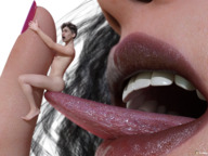 long_hair tongue butt licking handheld barefoot brunette domination lips shrunken_man teasing naked_man manicure digital_render vorifax