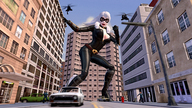 breasts giantess white_hair city mega long_hair clothed handheld cleavage high_heels buildings helicopter street running mask standing costume belt running_away zipper thief digital_render black_cat marvel_comics felicia_hardy