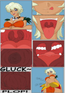 drawing vore blonde comic color tongue teeth uvula open_mouth inside_mouth point_of_view jungle_de_ikou on_palm mii_(jungle_de_ikou) kyudude