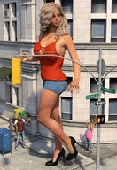 gentle city blonde long_hair clothed cleavage high_heels buildings street mini_giantess shorts walking onlookers top digital_render tinythea