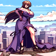 breasts drawing giantess city color blue_eyes cleavage high_heels huge_breasts brunette gloves dress looking_down gareit0