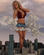 giantess city blonde long_hair blue_eyes clothed cleavage high_heels buildings shorts standing manicure necklace top looking_at_viewer digital_render bare_midriff tinythea