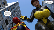 breasts giantess city mega huge_breasts low_angle short_hair looking_down outdoors costume dialogue thick_thighs digital_render janet_van_dyne spider-man marvel_comics butre3004 the_wasp peter_parker