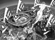 giantess nude manga city mega blonde monochrome butt toes barefoot buildings soles unknown_artist running smoke thighs sideboob debris