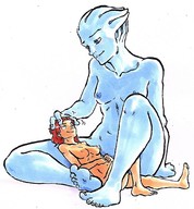 breasts drawing gentle nude alien color blue_eyes red_hair mini_giantess sitting amazon blue_skin looking_at_tiny mass_effect liara liara_tsoni asari femshep ednem