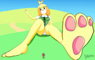 drawing gentle giantess panties feet furry anthro dog color barefoot paws isabelle animal_crossing looking_at_tiny villager barasma