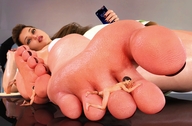 nude long_hair licking barefoot brunette lying_down foot_worship shrunken_men crawling pedicure cellphone digital_render dofus59