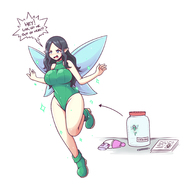 drawing wings black_hair color large_breasts long_hair clothed fairy boots flying jar dialogue trapped_inside unitard shrink_gun no_background inksgirls