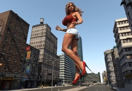 breasts gentle giantess city mega blonde long_hair butt clothed cleavage high_heels buildings street shorts standing top digital_render onlooker tinythea