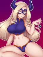 breasts drawing nipples blonde color large_breasts long_hair handheld anime red_eyes low_angle sitting mask dangle no_background skimpy_clothing my_hero_academia midnight mt._lady