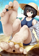 drawing giantess feet black_hair color toes soles sandals summer_hat