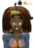 breasts drawing color tongue cleavage glasses green_eyes blood breast_crush brunette shrunken_woman shrunken_man dreadlocks imminent_vore entrecoxas