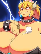 breasts drawing giantess horns color cleavage mario huge_breasts fang nintendo bowser trapped choker earrings bracelet eyebrows gender_bender between_breasts squarewave bowsette super_crown