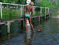 bikini gentle blonde butt shoes shrunken_man looking_down lake standing boats runswithferrets landing digital_render
