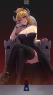 drawing giantess blonde color large_breasts long_hair butt clothed cleavage mario high_heels red_eyes stockings castle domination smiling dress sitting crown video_game thighs super_mario_bros choker throne legs_crossed looking_at_tiny bowsette super_crown sword_waltz_works super_mario_galaxy_2