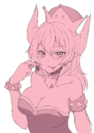 drawing giantess horns monochrome cleavage mario between_fingers licking_lips looking_at_viewer no_background bowsette くりっぷ super_crown