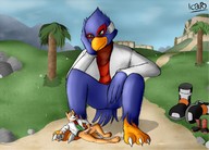 drawing gentle feet color giant claws boots starfox bird crouching videogame falco_lombardi fox_mccloud icarozilla