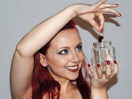 collage blonde long_hair handheld barefoot green_eyes domination smiling red_hair dress shrunken_woman dangle jar manicure jiiiiiij