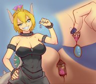 drawing giantess horns tail blonde color blue_eyes cleavage princess_peach nintendo bowser black_dress gender_bender kononiko between_breasts bowsette super_crown