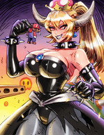 drawing horns blonde color handheld cleavage mario smiling gloves crown bowser dangle video_game super_mario_bros between_fingers gender_bender bowsette enkaboots super_crown