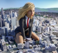 giantess city blonde long_hair clothed barefoot skirt buildings green_eyes kneeling business_suit digital_render flagg3d