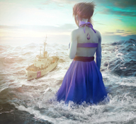 giantess collage clothed ocean red_hair dress looking_down waves wading coast_guard_cutter digital_render steven_universe flagg3d lapis_lazuli