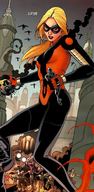 drawing giantess city mega blonde comic color long_hair destruction clothed handheld ponytail running mask costume ant-man cassie_lang stature cassandra_lang marvel_comics