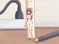 breasts drawing nipples nude pussy color long_hair barefoot brunette shrunken_woman pen ruler height_comparison shaven power_strip inksgirls