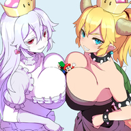 breasts drawing giantess horns blonde color large_breasts mario bowser luigi video_game super_mario_bros gender_bender between_breasts bowsette booette princess_king_boo okamura super_crown