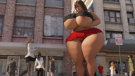 upskirt long_hair huge_breasts brunette mini_giantess underboob looking_up outdoors crowds thick_thighs redfiredog digital_render cupping_breasts