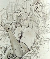 drawing giantess panties city upskirt monochrome destruction lying_down thigh_crush ulzakino