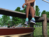 bikini gentle clothed beach shoes socks sitting shrunken_man lake boats runswithferrets dock digital_render