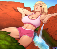drawing gentle giantess blonde color long_hair cleavage waterfall navel shorts forest resting sheela top cliff jessica_nigri bare_midriff