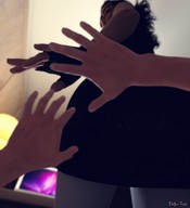 black_hair long_hair domination hand shrunken_man standing point_of_view mini_skirt digital_render afraid innocent-owl