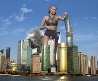 collage city mega blonde long_hair destruction clothed buildings domination wonderslug shorts looking_down china sports_bra shanghai elsa_hosk