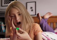 vore blonde long_hair blue_eyes clothed lying_down unaware shrunken_woman open_mouth manicure clinging digital_render uschi3 sweets