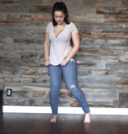 gentle collage long_hair clothed barefoot cleavage jeans brunette shrunken_man looking_down standing shirt sfxhh3