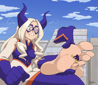 drawing gentle giantess horns blonde color long_hair barefoot sitting mask between_toes costume my_hero_academia minoru_mineta mt._lady hotbrotcafe