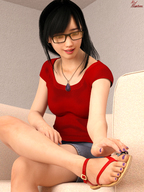 gentle black_hair long_hair clothed glasses foot_worship sitting sandals kissing shorts worship shrunken_man top sofa digital_render red_neptune