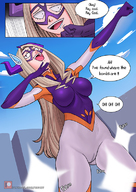 drawing giantess horns blonde comic color large_breasts long_hair cleavage buildings camel_toe standing costume dialogue my_hero_academia 1zumy mt._lady hungy_for_justice