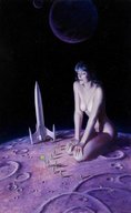 breasts drawing gentle giantess nude space black_hair color long_hair smiling kneeling rocket flag astronauts craters mega moon