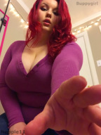 long_hair clothed cleavage huge_breasts red_hair reaching sweater point_of_view looking_at_viewer nepple11 buppygirl