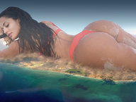 bikini collage city mega long_hair butt destruction ocean brunette lying_down