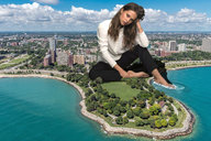 giantess collage city barefoot water brunette unknown_artist sitting looking_at_viewer