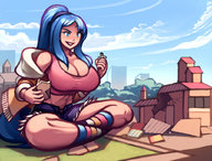 drawing giantess color long_hair destruction clothed handheld cleavage huge_breasts domination socks ponytail sitting shorts houses top gareit0