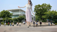 gentle giantess collage black_hair long_hair clothed high_heels asian dress walking onlookers kyojingirls